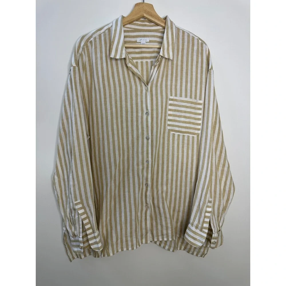 J Jill Love Linen Tan White Striped Button Up Pocket Shirt XL Lagonlook Coastal - Picture 3 of 12